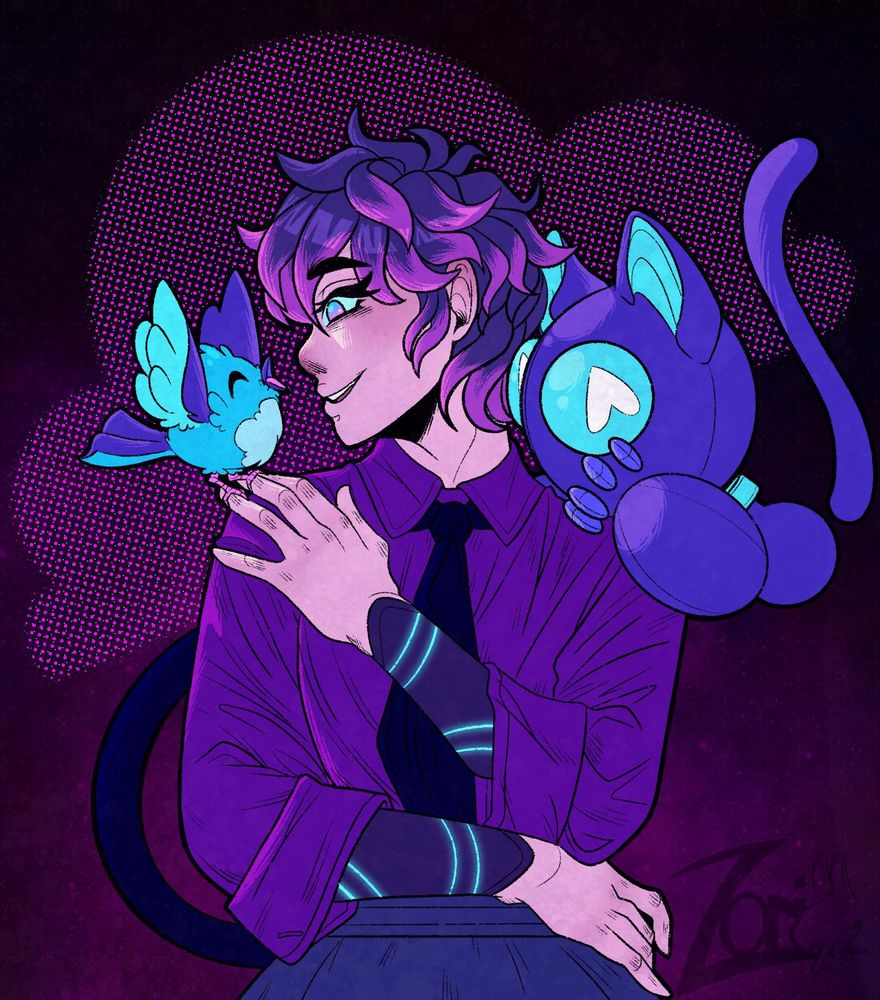 A halfbody drawing featuring Phoenix, who is smiling at Pipzi. Pipzi is clearly excited, wings up. Cyan looks on from Phoenix's other shoulder.
There is a neon pink cloud in the background made using halftone.