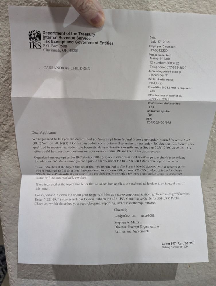 The IRS 501(c)3 determination letter for the mutual aid non-profit, Cassandra's Children. They said yes!
