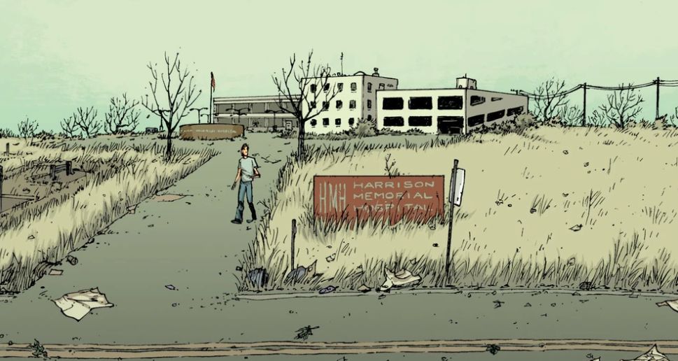 A cartoon panel from one of the first few issues of The Walking Dead Comic Series. It features Rick walking away from Harrison Memorial Hospital in Cynthiana, Kentucky. 