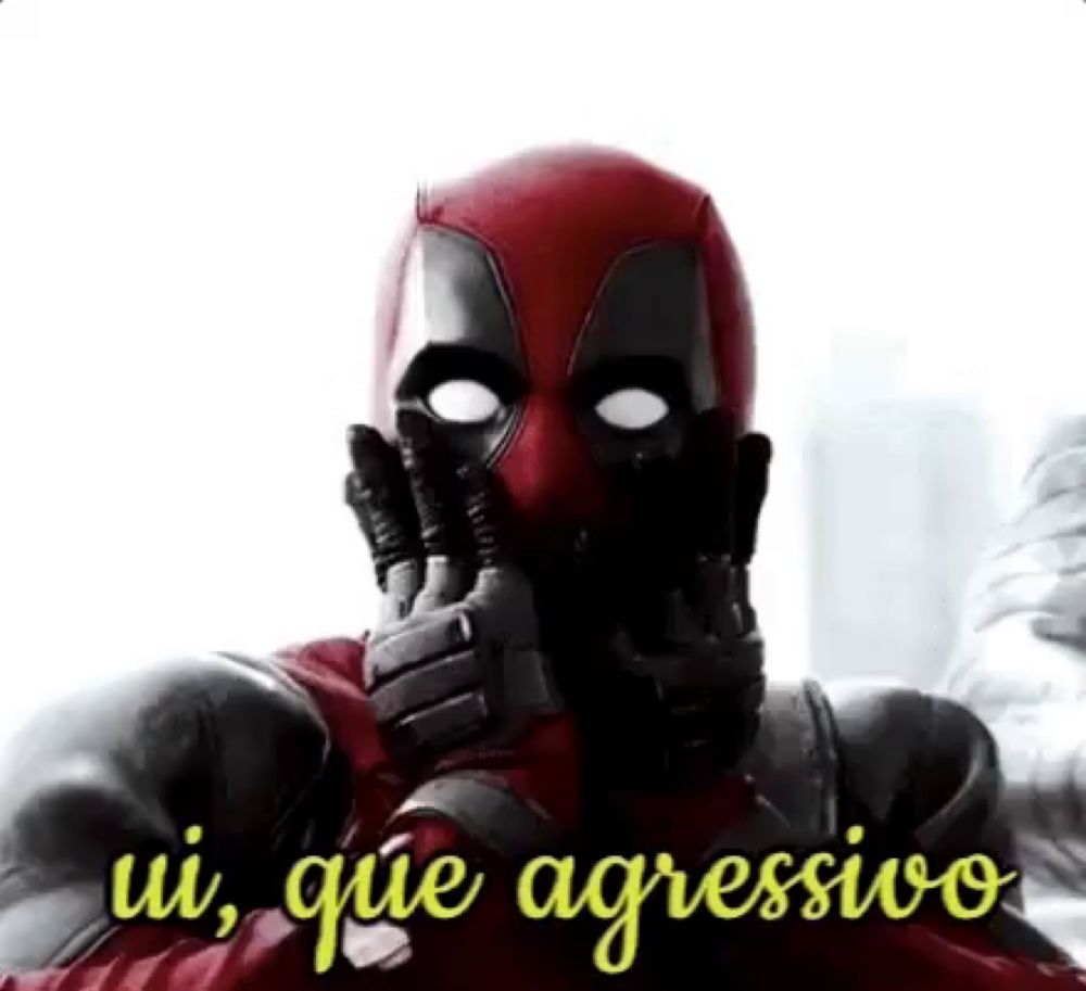 deadpool is covering his face with his hands and the words ui , que agressivo are above him .