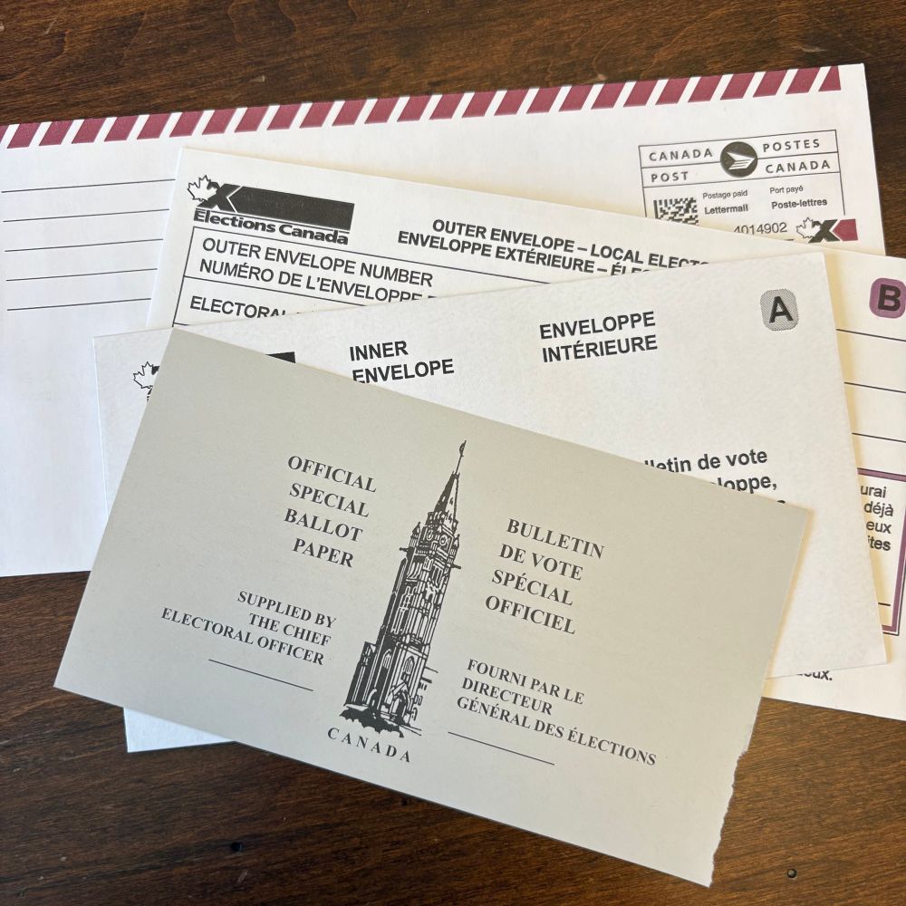 Picture of Canadian vote by mail kit. 