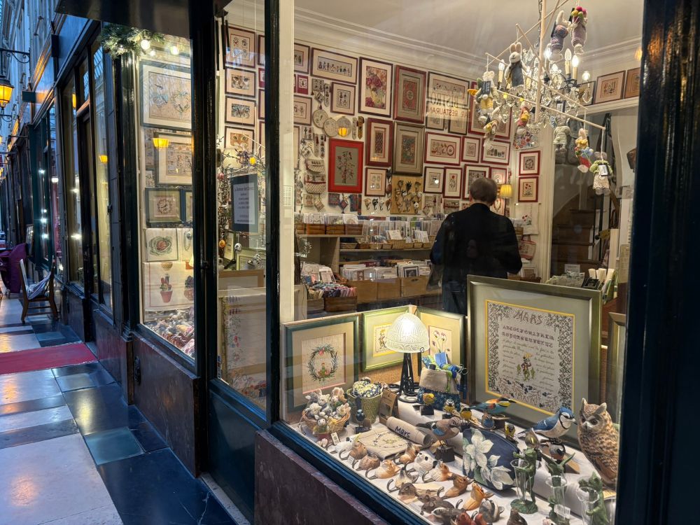 Exterior view of Le  Bonheur des Dame needlework shop in Paris, France.