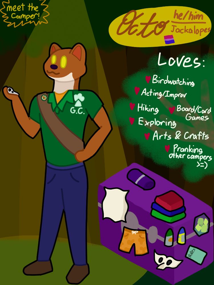A weasel in a green collared shirt, jeans, boots, and a large campers sash standing to the left. He’s holding a crow skull in his left hand.
To the right, is the name “Octo” alongside “He/him”, “Jackalopes”, and a Bi flag 
Under that is a section named “Loves” with Birdwatching, Acting/Improv, Hiking, Board/Card games, Exploring, Arts & Crafts, and pranking other campers listed under it.
Under that is a trunk with a following items inside: A sleeping bag, 3 blankets, a set of DnD dice, sunscreen and bug spray, a notepad, a masquerade mask, a pair of swim shorts, and a pillow