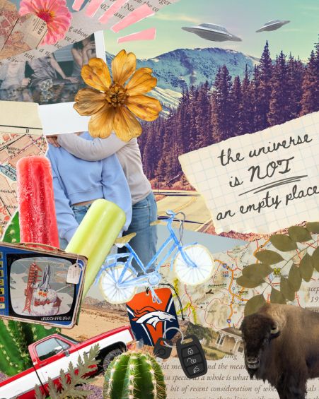 A collage of images: popsicles, a bike, buffalo, truck, cactus, UFOs, polaroids, dried flowers, and two queer teens in a casual hug. These images combine to give a West State Nostalgic YA aesthetic.
