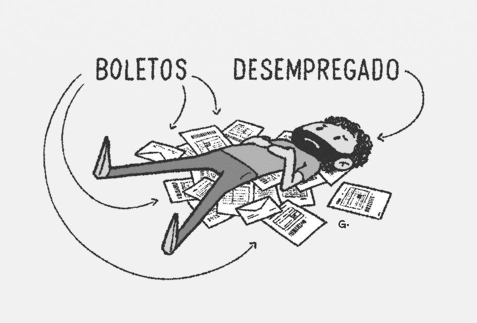 Arte. Desenho digital em escala de cinza. Personagem deitado sobre vários papéis no chão, ele está com uma expressão triste e preocupada. Ele repousa as mãos sobre o peito.
Ao topo da imagem a escrita "BOLETOS" com várias flechas apontando para os papéis. Também escrito "DESEMPREGADO" e uma flecha aponta para o personagem.