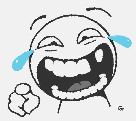 Personagem rindo com expressão exagerada e dentes grandes. Duas lágimas saltam nas laterais do rosto. Ele aponta para frente.