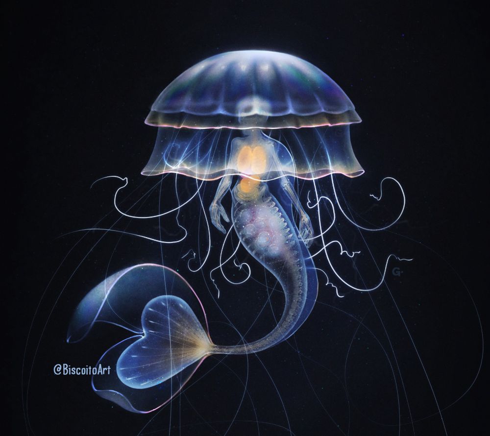 Ilustração. Pintura digital. Personagem híbrida de sereia com água-viva.
Ela possui tentáculos finos que se espalham ao seu redor com um corpo translúcido onde é possível ver suas entranhas. É delicada e brilhante, flutuando no escuro de oceano profundo.

Keywords: Mermaid, Jellyfish, BRArt