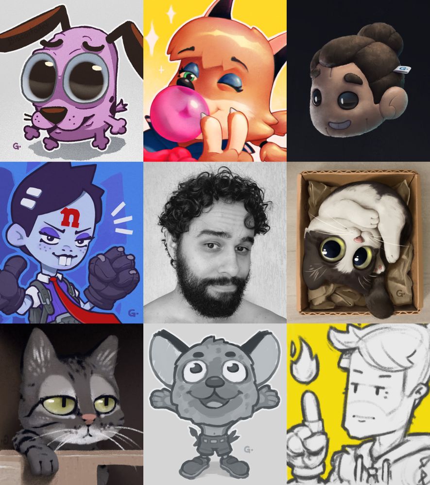 Compilado de 8 artes e uma fotografia do artista ao centro:
1. Fanart do coragem de olhos grandes;
2. Personagem furry raposa laranja com chiclete;
3. Cabeça flutuante de pelúcia;
4. Fanart da Nina, personagem de Crash Bandicoot;
5. Gato fofo de olhos grandes deitado em uma caixa de papelão;
6. Gato com olhar de tédio apoiado em um balcão;
7. Personagem chibi. Hiena furry olhando pra cima;
8. Personagem com expressão blasé apontando para cima, uma chama sai de seu dedo.