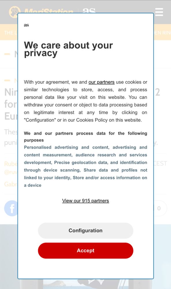Cookie consent popup saying "we care about your privacy" and later "view our 915 partners"