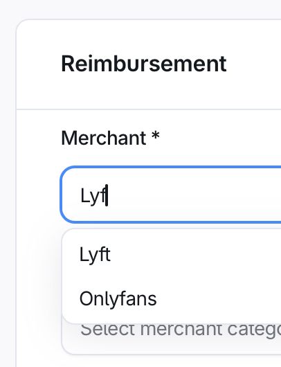 Reimbursement form with a "Merchant" dropdown. "Lyf" is entered as a search query and the results are "Lyft" and "Onlyfans"
