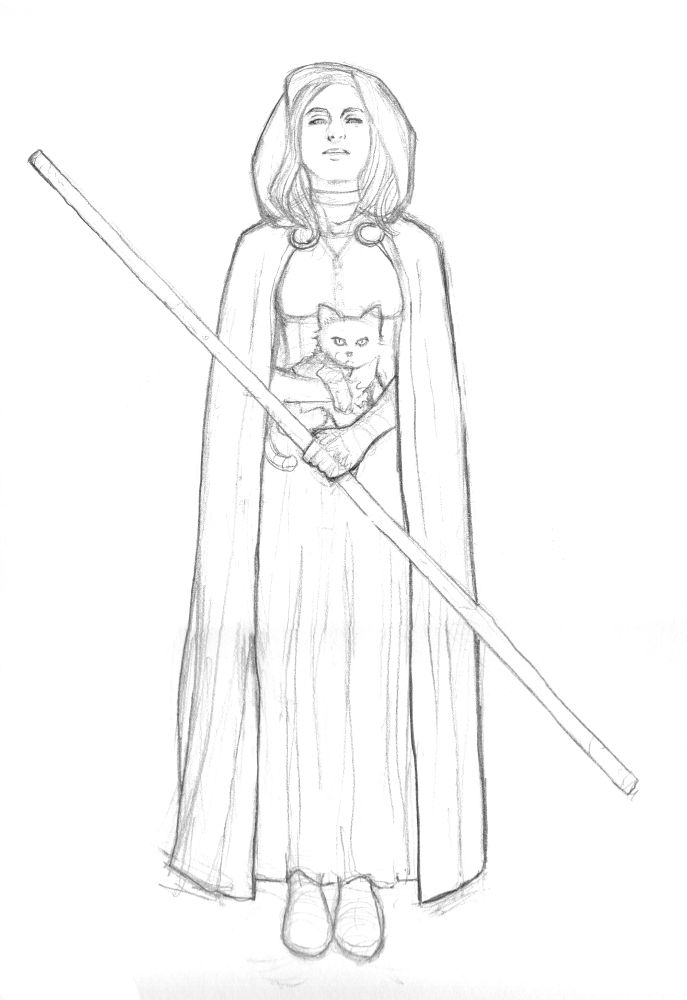 Fawin, a witch holding a staff and her cat (pencil sketch)