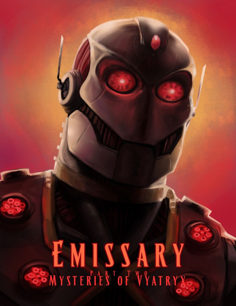A warforged (robot) portrait, back-lit with growing red eyes and glowing red sigils on his chest