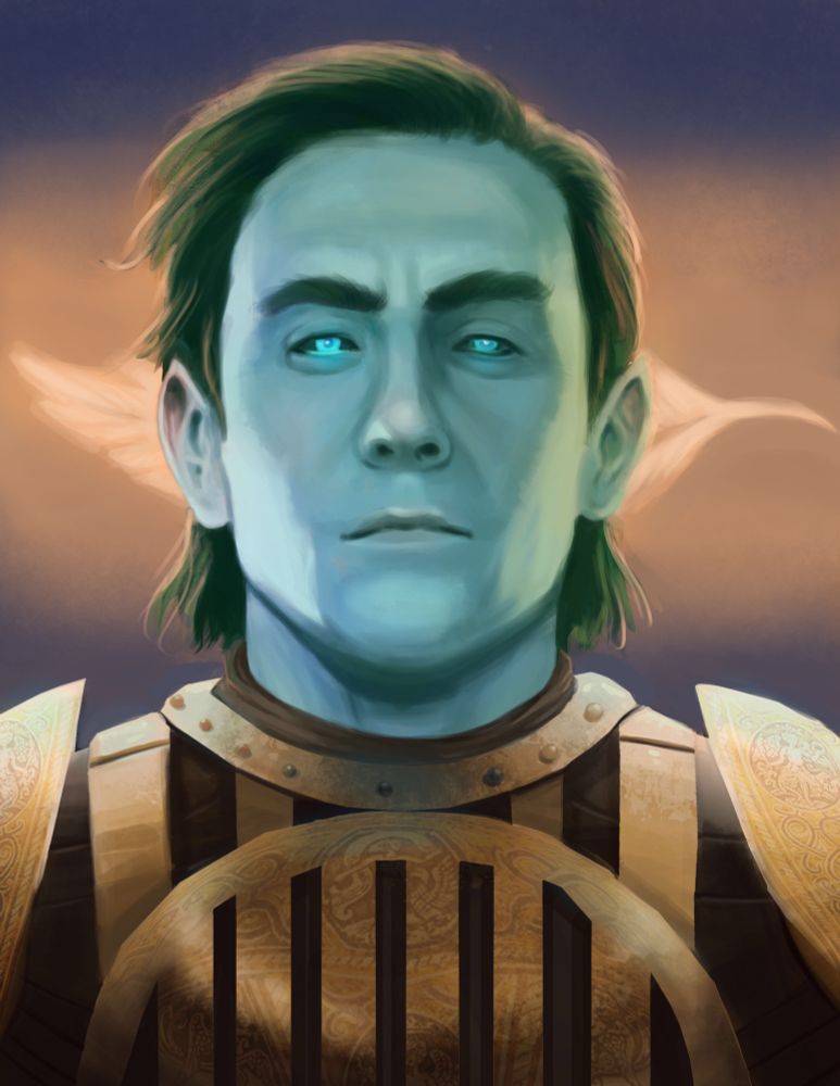 Blue skinned genasi man wearing golden armor with a glowing feather behind him 