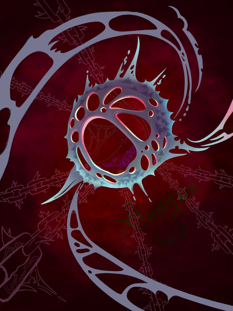 A work in progress digital painting of the anomaly from Season 2 of Arcane. The background is cloudy and red. The focal point is a multicolored spikey ball, which is implied to be spinning, with tendrils of goo spinning out from it. The ball is restrained by pink outlined chains. There is a purple body barely visible inside the ball.