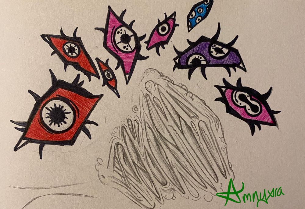 A doodle of a bunch of weird pointy eyes, the whites replaced with red, pink, blue, or purple. Some have multiple iris/pupils. Underneath is a pencil doodle of something resembling gross pointy teeth.