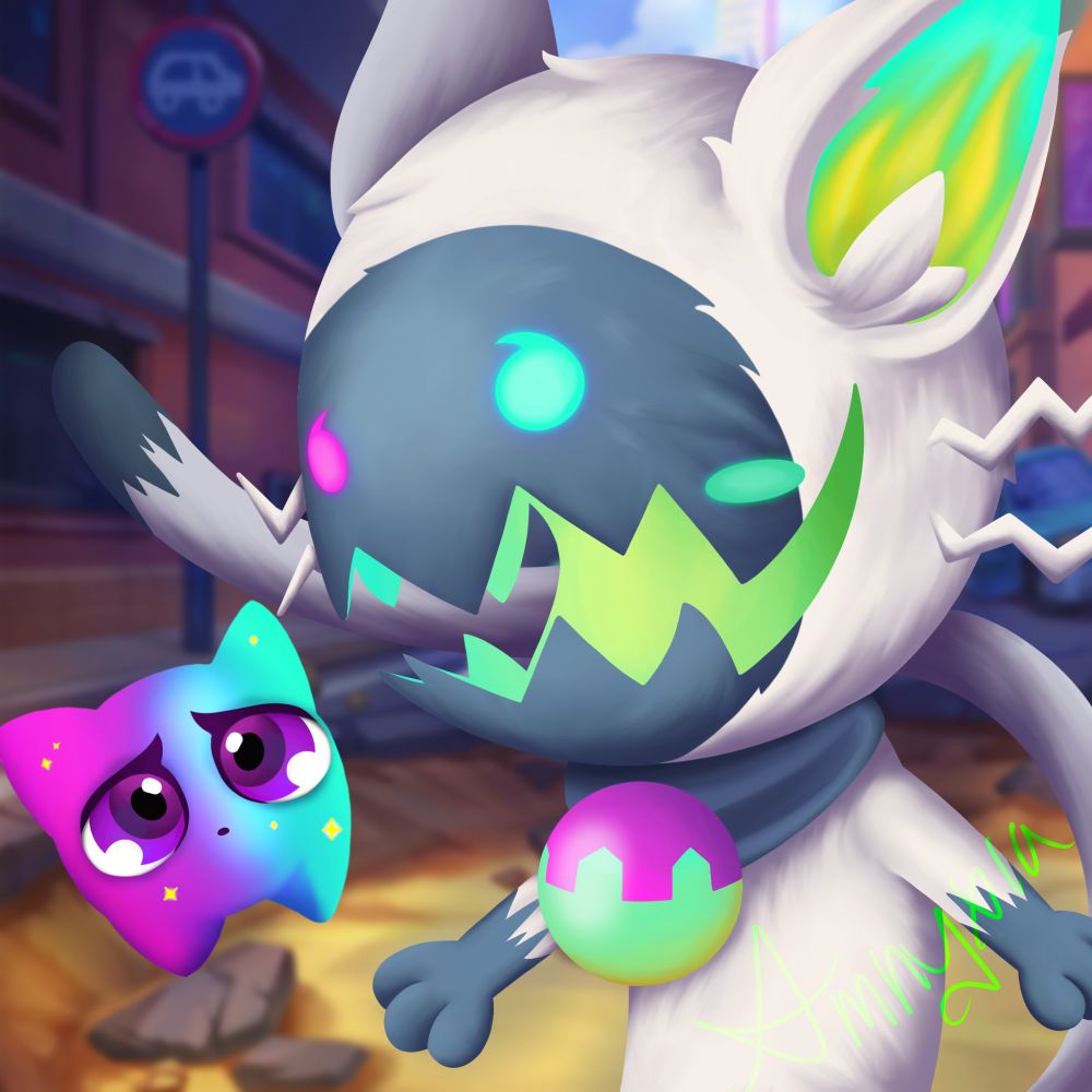 A digital painting of Nyx's favorite tactician in the game Teamfight Tactics. There's a small gooey pink and blue sprite character on the left. The tactician is a white and grey cat, with green insides of the ears and mouth. The collar is a grey bandana vibe, with a pink and green ball on it.