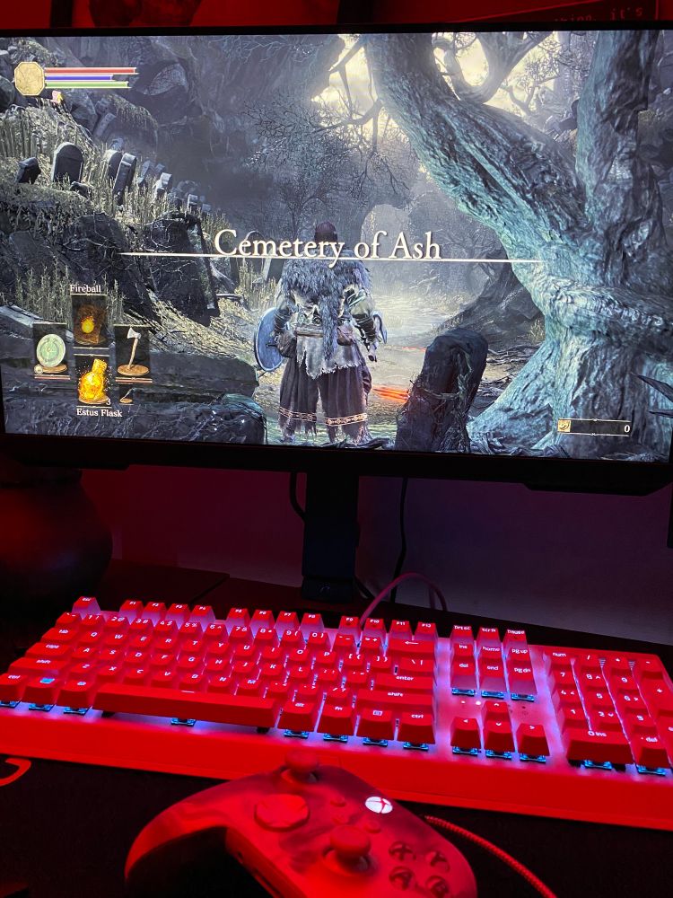 A picture of Nyx’s monitor, keyboard and Xbox controller underneath. The monitor shows the first location of Dark Souls 3.