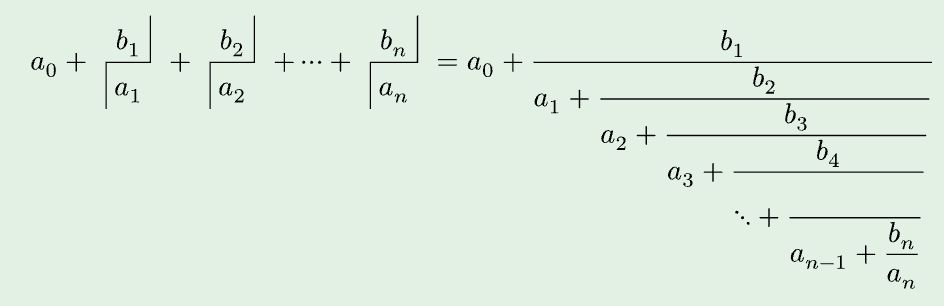 等式が書かれている。左辺は a_0 + b_1 / a_0 + ... + b_n / a_n のような形だが，分子の b_k たちの右側と分母の a_k たちの左側には縦線が入っていて，分数の横線と連結している。右辺には連分数の定義の式が，多重の分数を使って書かれている。