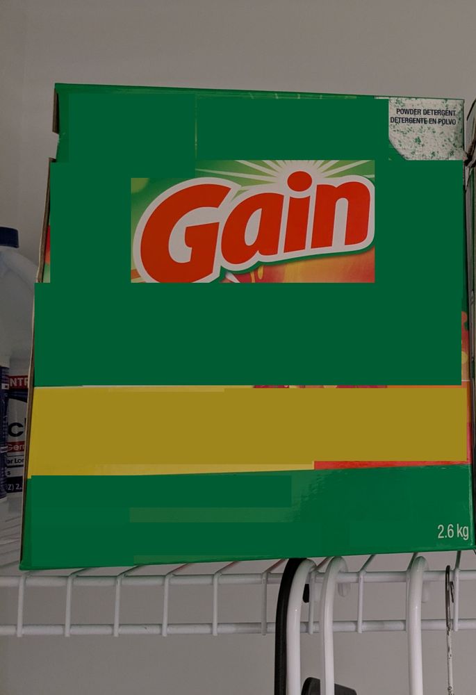 Laundry detergent Box with actual useful information content left unpainted (Gain 2.6kg powder form)