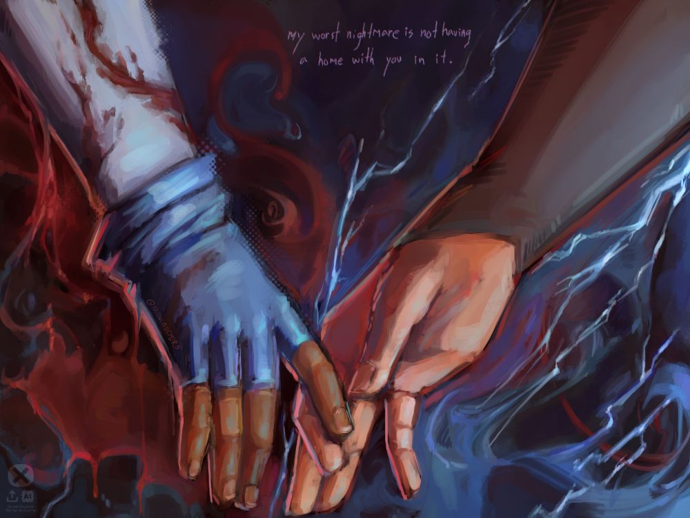 a painting of jay and jon's hands based on the art in the quoted tweet, but the post is slightly different. jon seems to be the one reaching out, his index finger tentatively touching jay's. they are also both wearing their outfits from secret six (2025). the background is a lot of swirls and marks in red and blue inspired by jon's powers + the blood that stains jay, and written near jon's arms are the words "my worst nightmare is not having a home with you in it.", referencing what he told jay in absolute power: super son. 