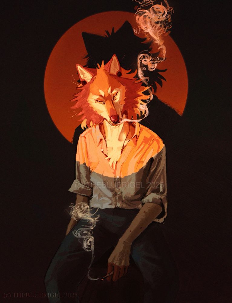 Digital painting of my wolf fursona seated and smoking a cigarette. They wear a half-unbuttoned white shirt and dark pants and have a relaxed/ tired pose, head hanging with eyes closed. A circular, orange light frames the character’s head and shoulders, casting their shadow behind. Wisps of smoke curl through the air, coming from the cigarette and from the wolf’s mouth.