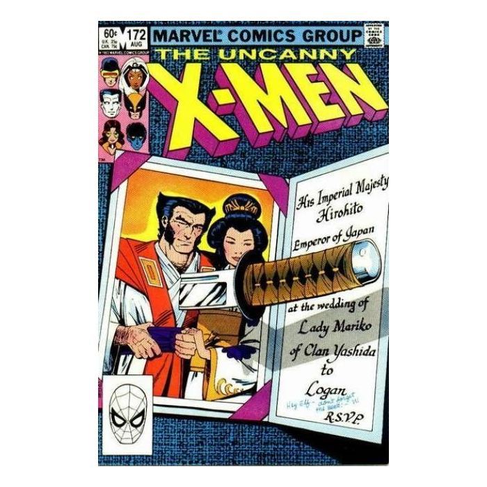 Cover of X-Men #172 (volume 1) shows the wedding invitation of Logan and Mariko with a knife through the picture of the couple in Japanese clothing.