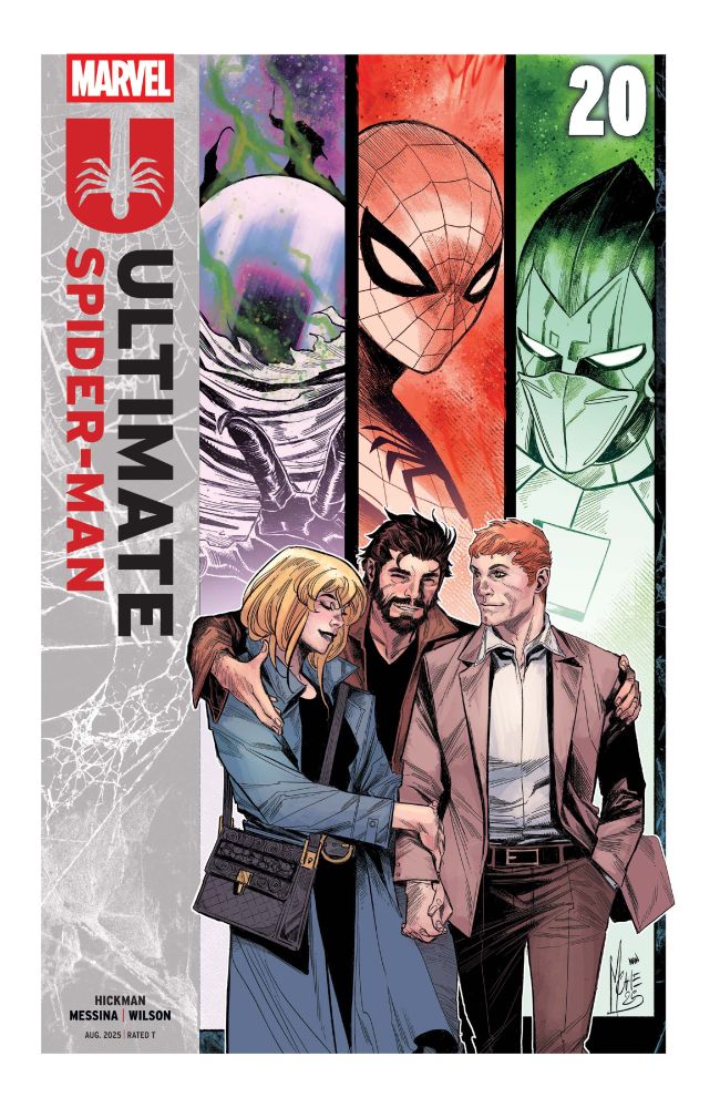 Cover to Ultimate Spider-Man #20 shows Gwen, Peter, and Harry in street clothes, close together. Behind them in panels are their alter egos, Mysterio, Spider-Man, and Green Gobliin. Art by Marco Checchetto.