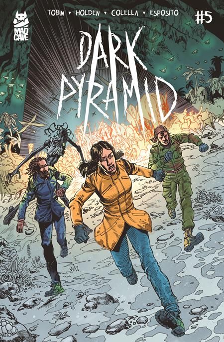 Cover to Dark Pyramid #5 (of 5) shows Eve, Shailene, Becca, and Hooky running with the Wet Hawks filling the skies. Art by PJ Holden.