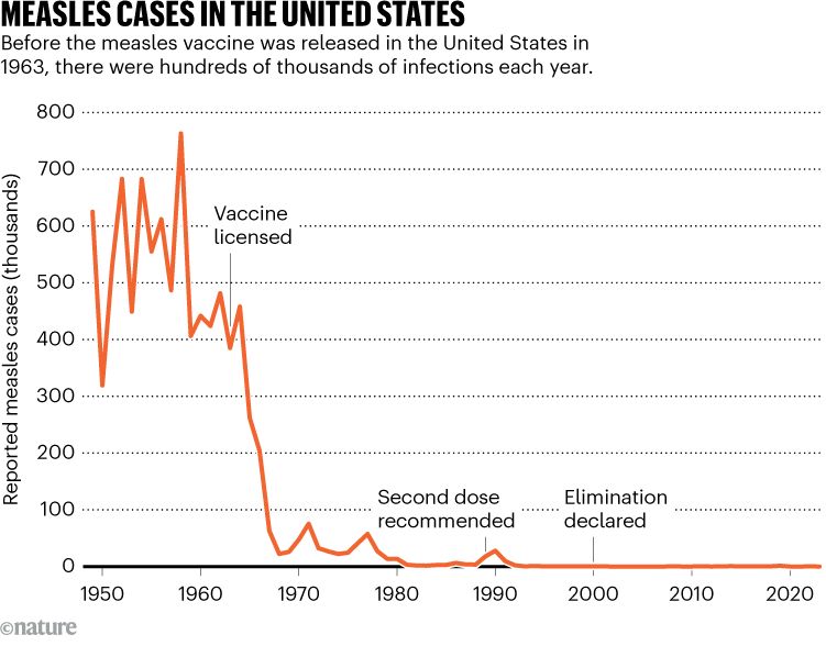 A graph showing reported measles cases in the United States. The line shows that there were regularly 400-600,000 cases each year until 1963, when the measles vaccine was licensed, at which point cases plummet. In 2000, the elimination of measles was declared.