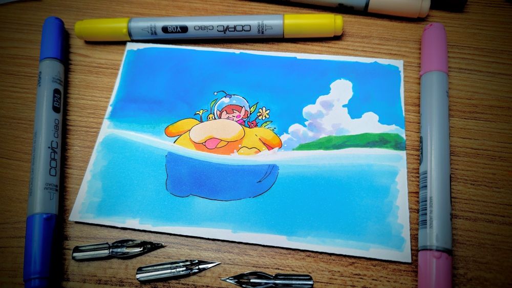 characters from Pikmin ride a giant round dog creature across the water