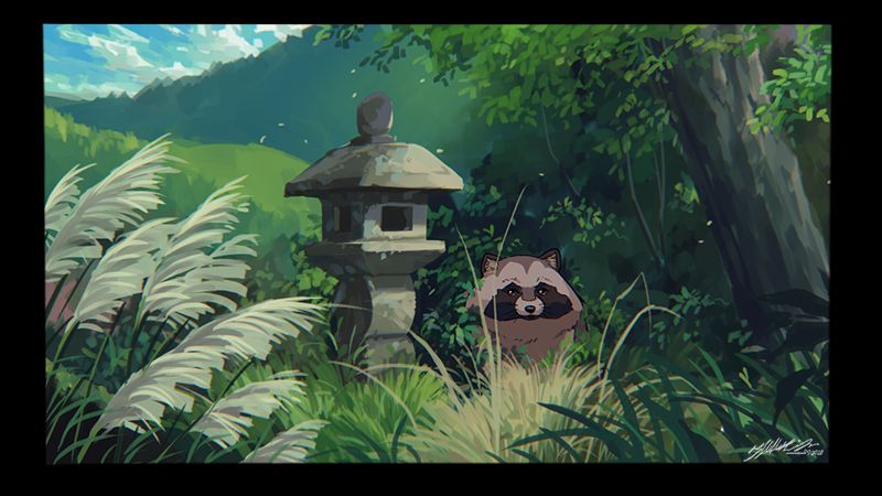 a tanuki hides in the tall grass beside an old stone lantern

digital illustration with many greens and blues