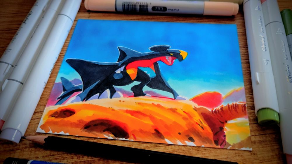 the pokemon garchomp (a sort of dragon-shark looking fellow) stands intimidatingly on a rocky outcropping in the desert
