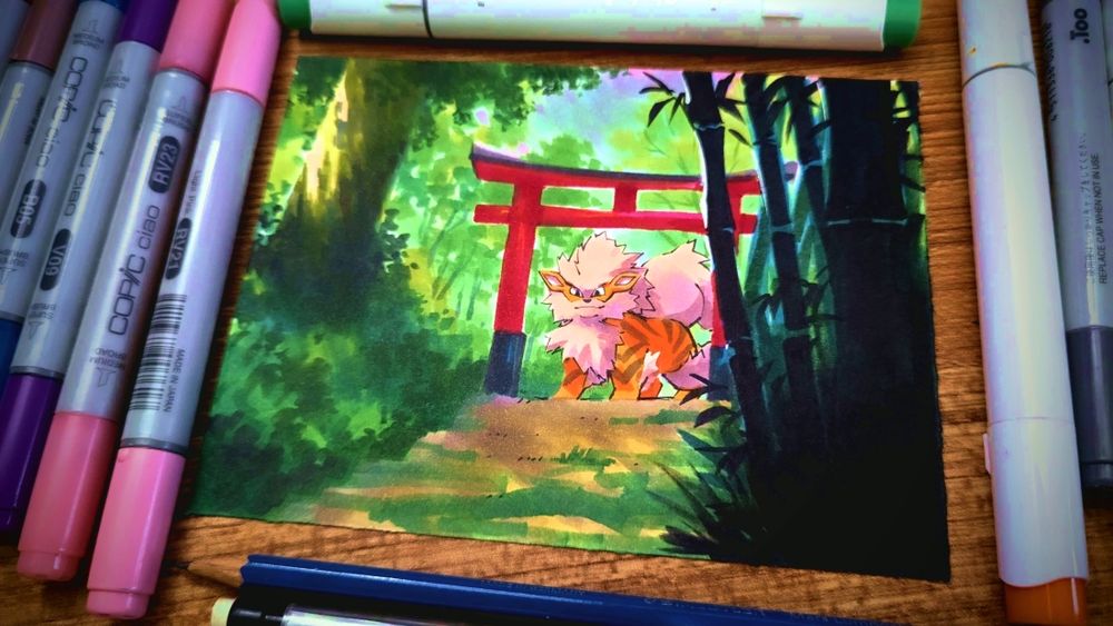 the large fire wolf pokemon Arcanine stands under a Japanese torii in the forest surrounded by greenery 