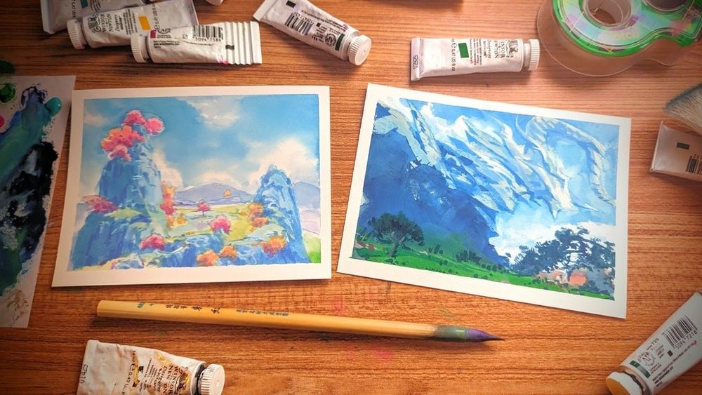 two paintings: one of a mountaintop from genshin impact. the other, a landscape from the xenoblade chronicles series, featuring a massive ancient dragon over pastoral lands
