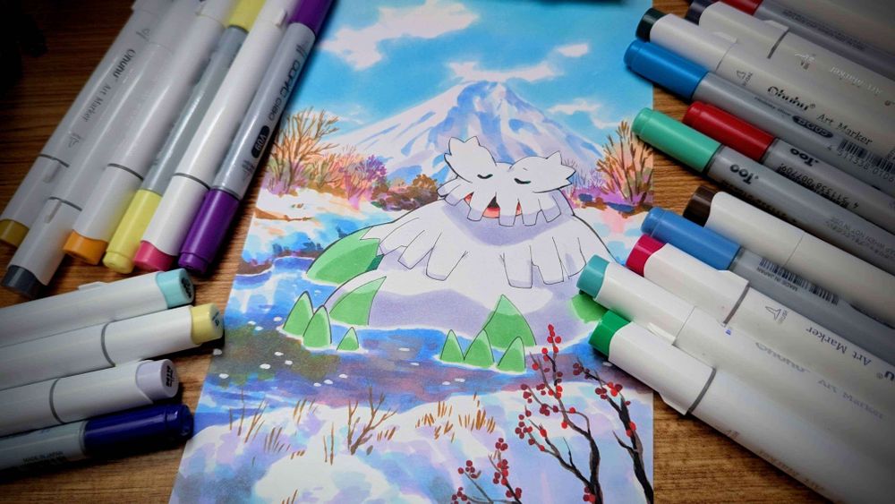 illustration of a large white pokemon (abomasnow), relaxing in a hot spring on a sunny day

the spring is surrounded by snow