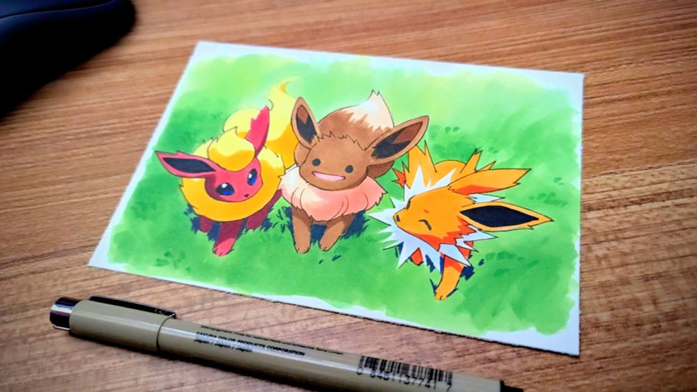 three pokemon; flareon, Jolteon, and Eevee, are walking together in a field. the Eevee is clearly a ditto but the others do not care