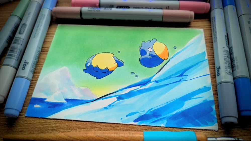 two round blue seal pokemon roll down the slope of a glacier

it looks cold but fun!

blues and greens