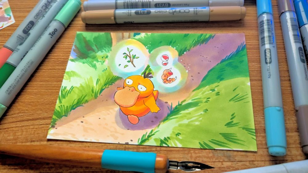 Psyduck, a duck with a wide bill, walks down a forest path, looking concerned. behind it floats several objects, seemingly held aloft by the creatures telekinesis 