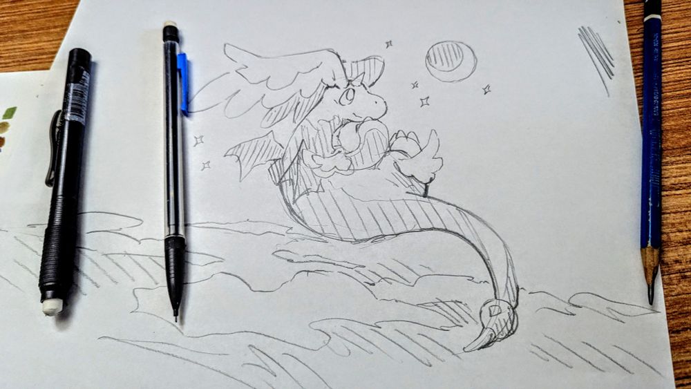 pencil sketch of mega Dragonite, a round soft dragon with 4 sets of wings 

it's floating above the clouds with a crescent moon in the sky 
