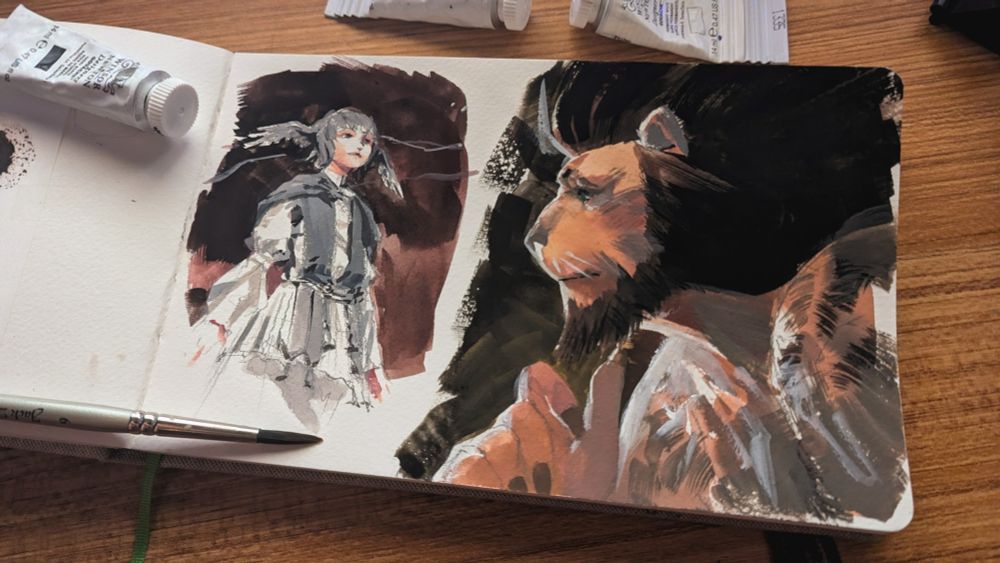 gouache paint sketches of two final fantasy xiv characters - one is meteion, a woman with bird wings on the sides of her head

the other is one of my characters, a large buff cat man. he sits lost in thought 