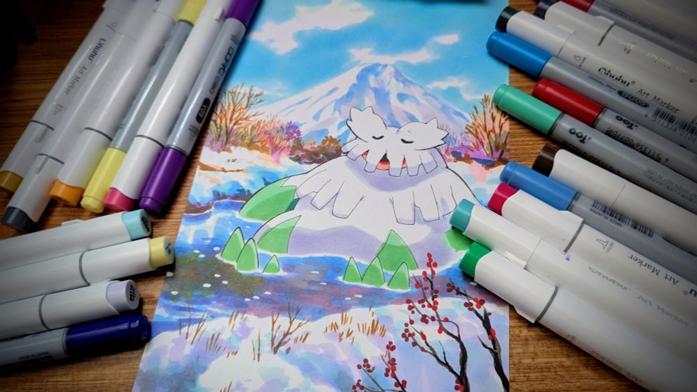 illustration of a large white pokemon (abomasnow), relaxing in a hot spring on a sunny day

the spring is surrounded by snow
