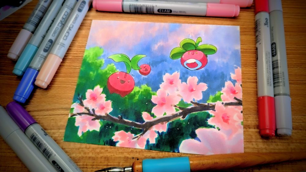 two berry-like pokemon float happily amidst cherry blossoms on a sunlit afternoon

pinks greens and blues