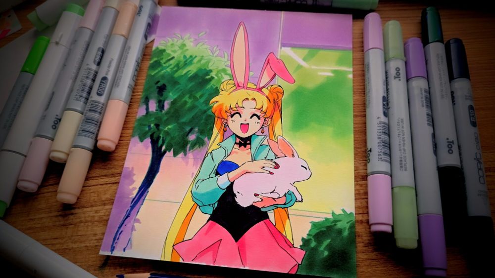 a blonde anime girl with long twintails holds a cute chubby rabbit and smiles. she's standing on the sidewalk of a city street at dusk

purples, pinks and greens