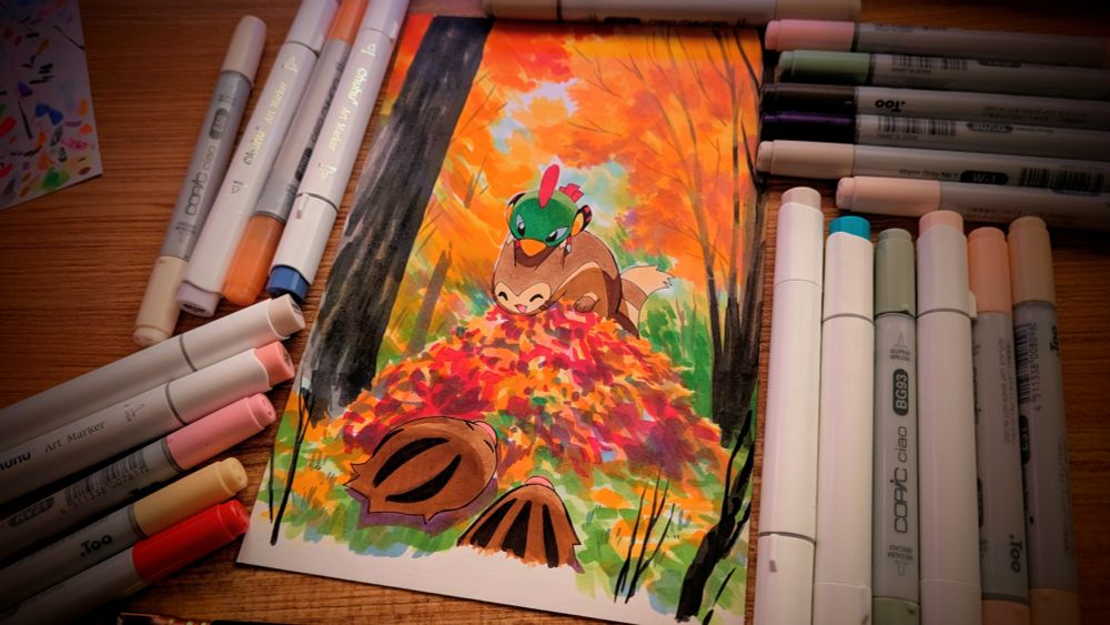 4 pokemon playing in a pile of leaves. around them are many golden trees in a bright forest 