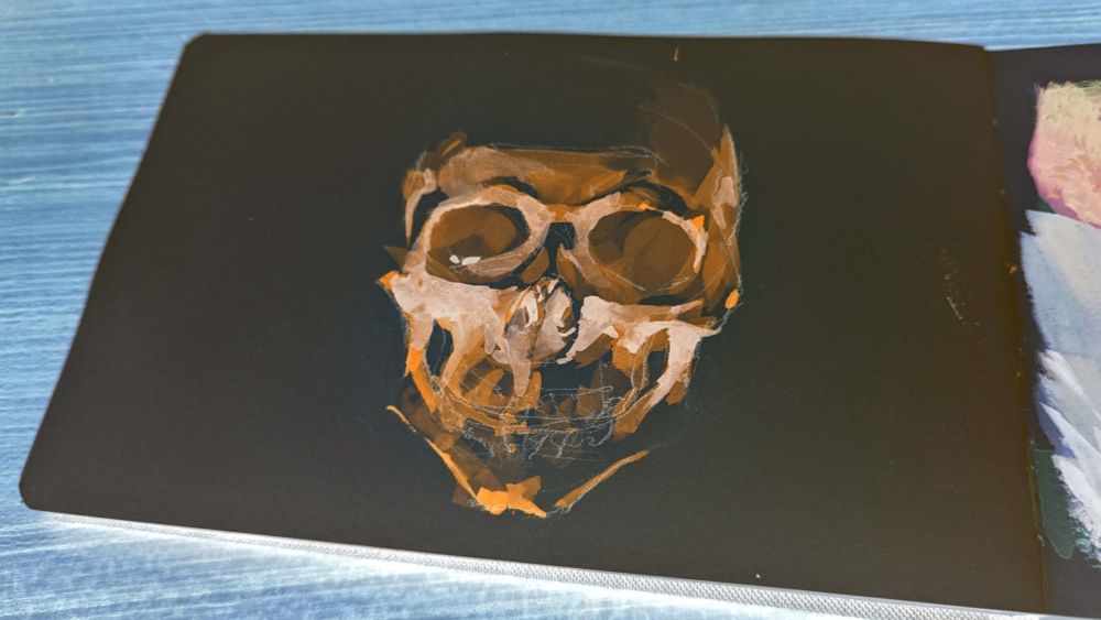 a skull lit with orange hues from below 