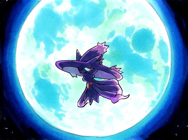 the pokemon misdreavus, silhouetted by moonlight