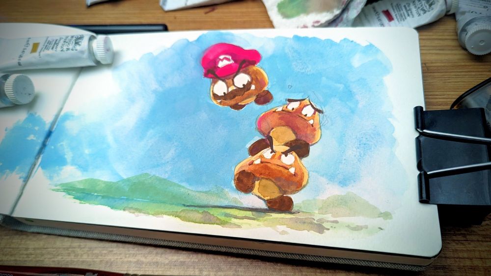 sketchbook painting of three goombas stacked in a tower, falling over 

the top goomba is Mario in disguise!