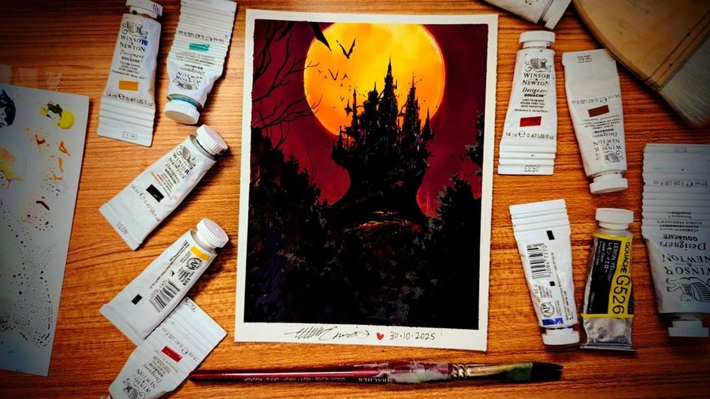 an enormous gothic castle stands tall on a mountain, surrounded by forest, and backlit by an orange moon