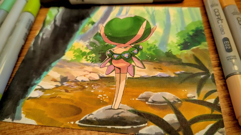 how does one even describe the pokemon calyrex??? a deer head, with four bunny ears that hold up a giant green orb, stout little arms, and looooong legs. it's a wild design! a bonkers design!!!!

anyway, they're standing on a stone in a stream amidst beautiful lush forest scenery 