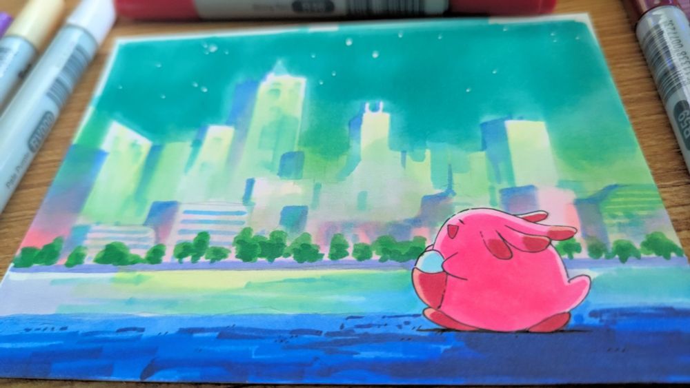 illustration of a round pink creature with an large egg in a pocket on their tummy

they're walking at night with a glowing city in the background
